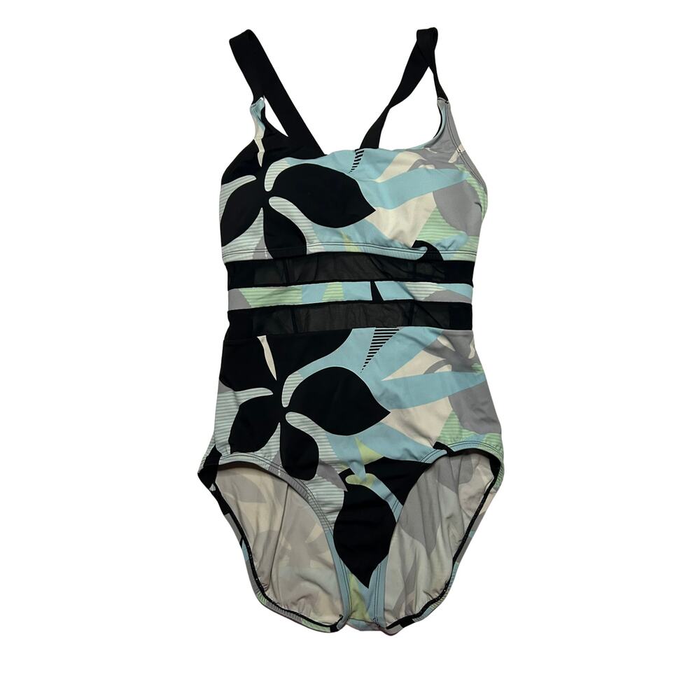 Nike Swim Women's L Jungle Floral One Piece Swimsuit Black Blue V-Back Athletic